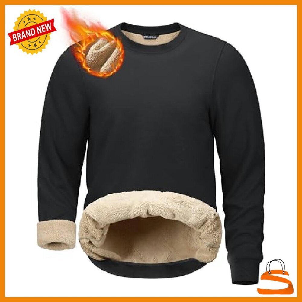 Men's Sherpa Lined Fleece Crewneck Sweatshirt Pullover Winter Warm - Picture 2 of 8